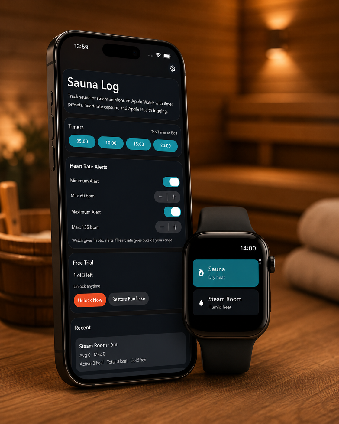 Sauna Log running on an iPhone and Apple Watch in a sauna