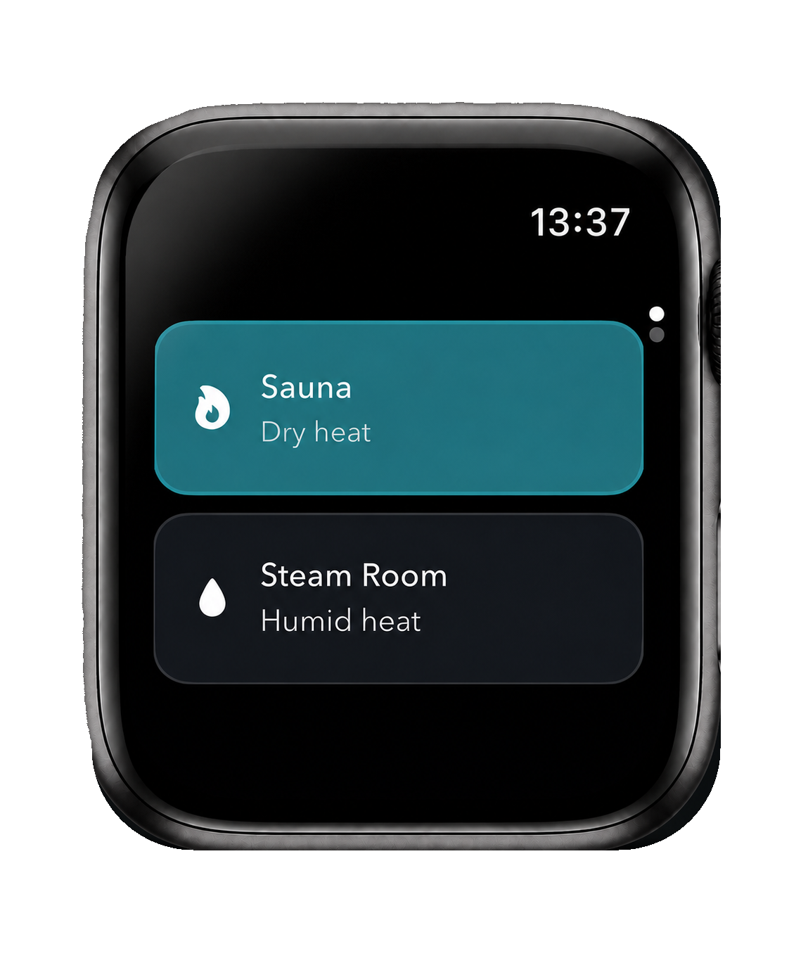 Sauna Log running on an Apple Watch, showing sauna and steam room selection